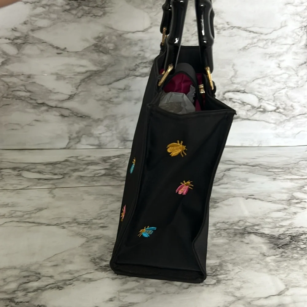 Tianni | vintage VTG bag with embroidered Bees bugs plastic faux bamboo handles - Picture 5 of 11